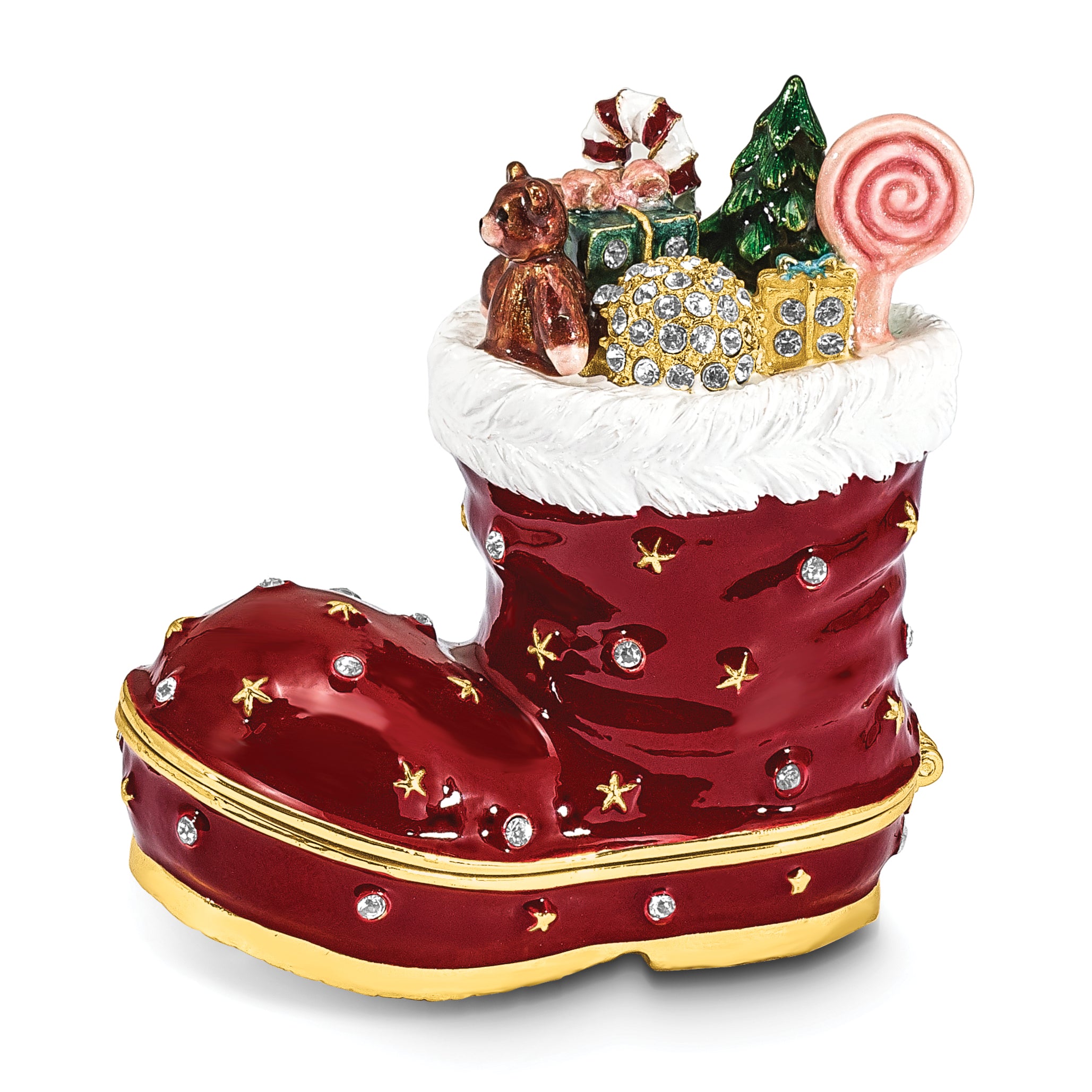 Luxury Giftware by Jere Bejeweled Crystals Gold-tone Enameled BOOTS Stocking Trinket Box with Matching 18 Inch Necklace