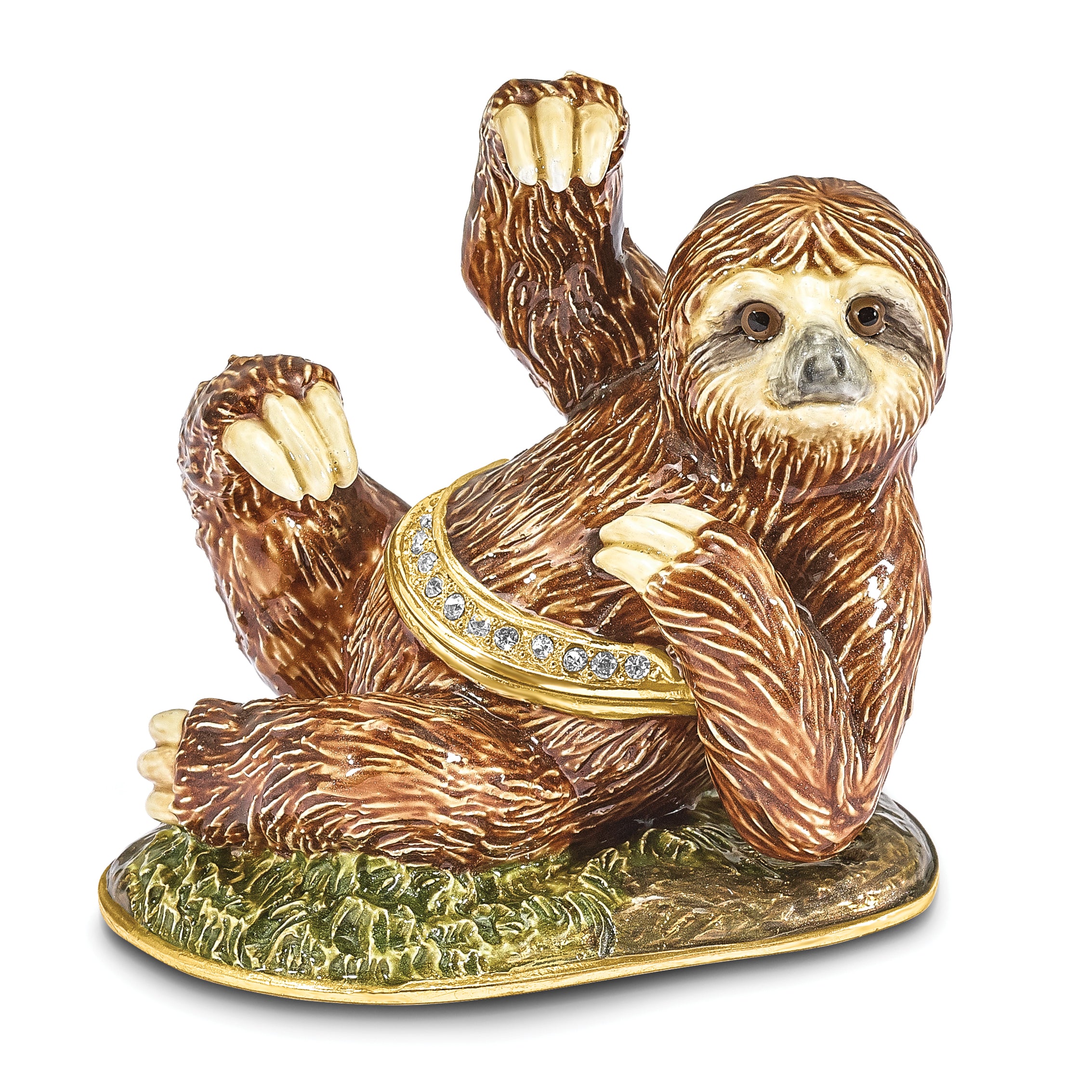 Luxury Giftware by Jere Pewter Bejeweled Crystals Gold-tone Enameled MELLOW Sloth Trinket Box with Matching 18 Inch Necklace