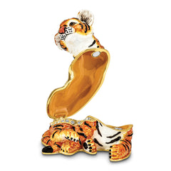 Luxury Giftware by Jere Pewter Bejeweled Crystals Gold-tone Enameled TONDA Young Tiger Trinket Box with Matching 18 Inch Necklace
