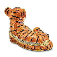 Luxury Giftware by Jere Pewter Bejeweled Crystals Gold-tone Enameled TONDA Young Tiger Trinket Box with Matching 18 Inch Necklace