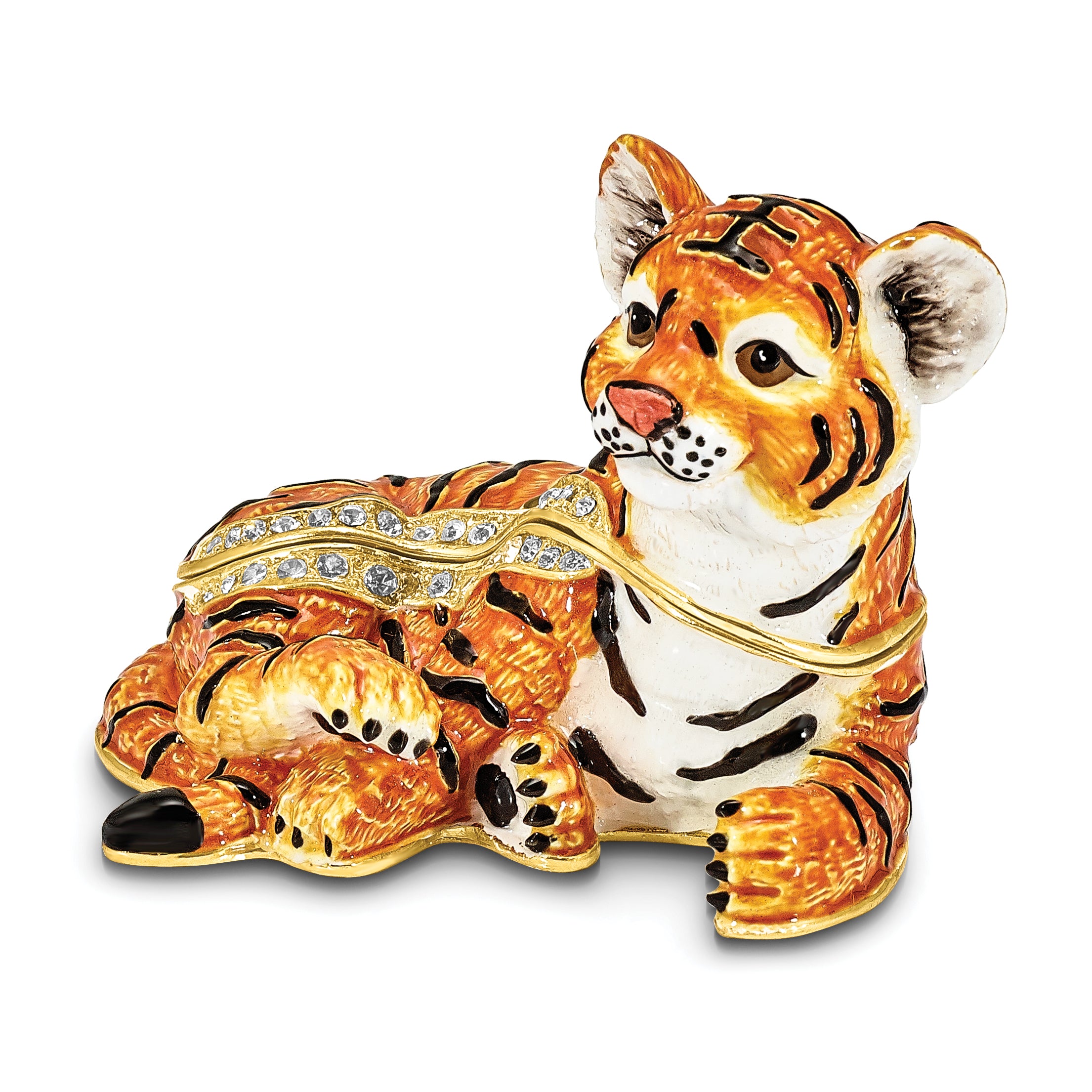 Luxury Giftware by Jere Pewter Bejeweled Crystals Gold-tone Enameled TONDA Young Tiger Trinket Box with Matching 18 Inch Necklace