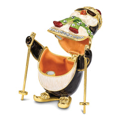 Luxury Giftware by Jere Bejeweled Crystals Gold-tone Enameled KOOLIO Skiing Penguin Trinket Box with Matching 18 Inch Necklace