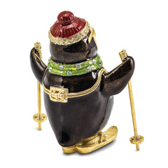 Luxury Giftware by Jere Bejeweled Crystals Gold-tone Enameled KOOLIO Skiing Penguin Trinket Box with Matching 18 Inch Necklace