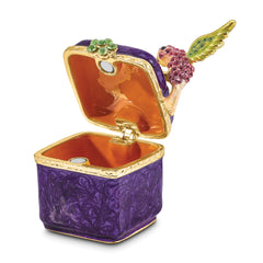 Luxury Giftware by Jere Pewter Bejeweled Crystals Gold-tone Enameled HARLOW Purple Box/Flower/Hummingbird Trinket Box with Matching 18 Inch Necklace