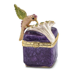 Luxury Giftware by Jere Pewter Bejeweled Crystals Gold-tone Enameled HARLOW Purple Box/Flower/Hummingbird Trinket Box with Matching 18 Inch Necklace