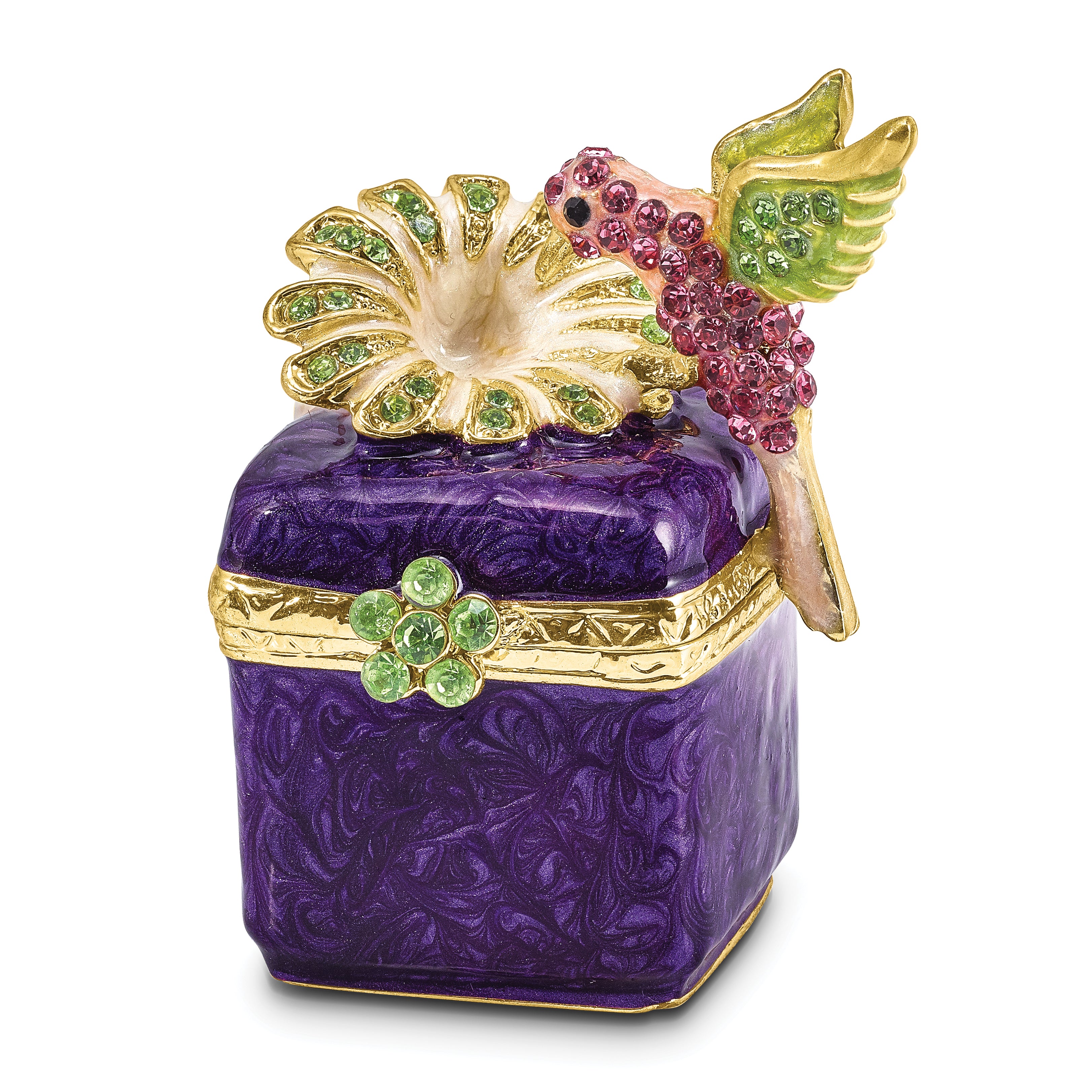 Luxury Giftware by Jere Pewter Bejeweled Crystals Gold-tone Enameled HARLOW Purple Box/Flower/Hummingbird Trinket Box with Matching 18 Inch Necklace