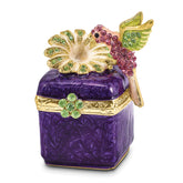 Luxury Giftware by Jere Pewter Bejeweled Crystals Gold-tone Enameled HARLOW Purple Box/Flower/Hummingbird Trinket Box with Matching 18 Inch Necklace