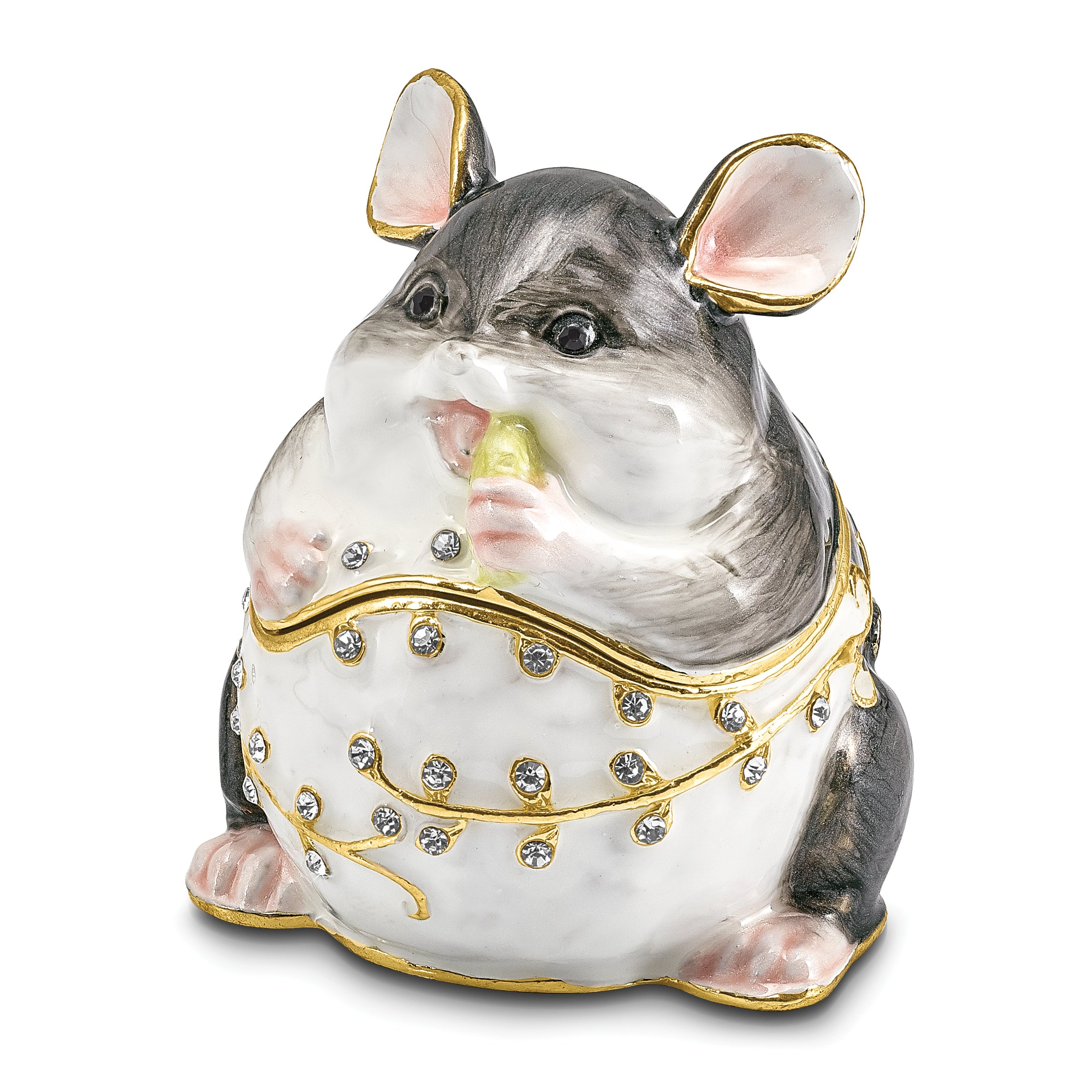 Luxury Giftware by Jere Pewter Bejeweled Crystals Gold-tone Enameled UNCLE JOE Chubby Mouse Trinket Box with Matching 18 Inch Necklace