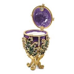 Luxury Giftware by Jere Pewter Bejeweled Crystals Gold-tone Enameled LILY OF THE VALLEY Purple Egg With Ring Pad Trinket Box with Matching 18 Inch Necklace