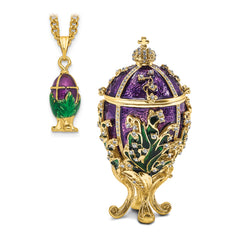 Luxury Giftware by Jere Pewter Bejeweled Crystals Gold-tone Enameled LILY OF THE VALLEY Purple Egg With Ring Pad Trinket Box with Matching 18 Inch Necklace