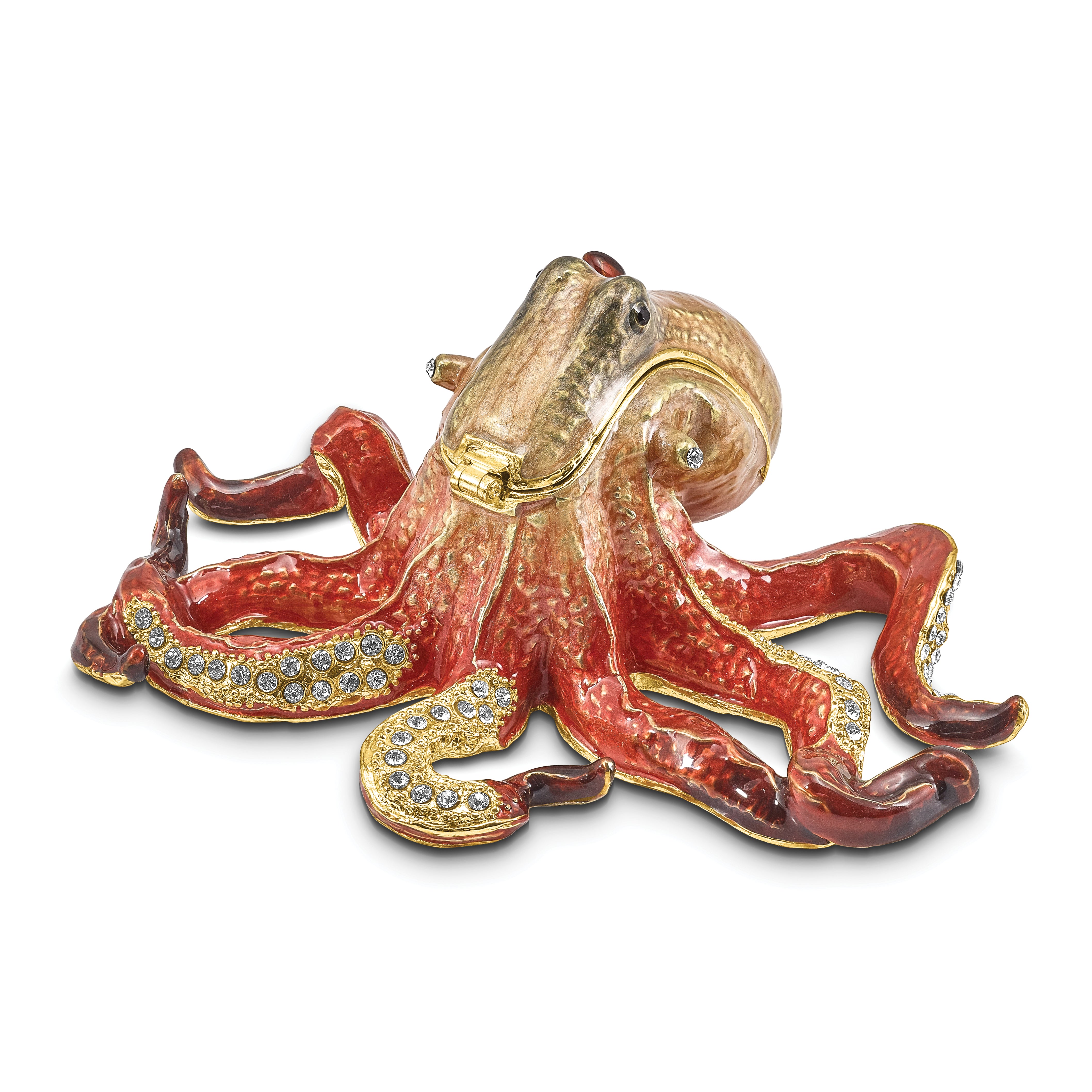 Luxury Giftware by Jere Pewter Bejeweled Crystals Gold-tone Enameled OLA Octopus Trinket Box with Matching 18 Inch Necklace