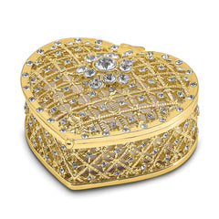 Luxury Giftware Pewter Bejeweled Crystals Gold-tone Enameled ROMANCE Filigree Heart With Ring Pad Trinket Box with Matching 18 Inch Necklace