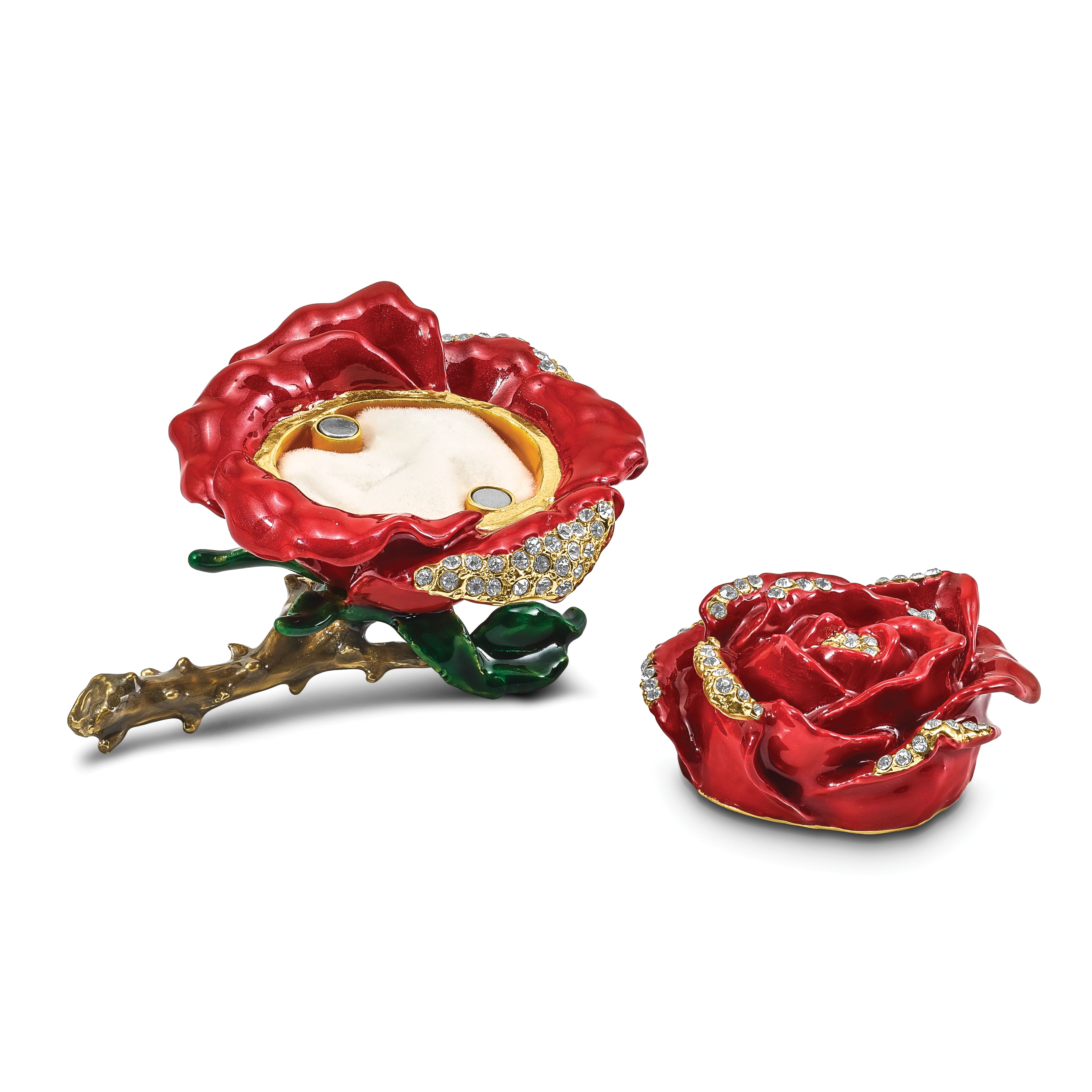 Luxury Giftware by Jere Pewter Bejeweled Crystals Gold-tone Enameled ROSA Red Rose With Ring Pad Trinket Box with Matching 18 Inch Necklace