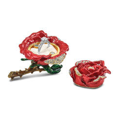 Luxury Giftware by Jere Pewter Bejeweled Crystals Gold-tone Enameled ROSA Red Rose With Ring Pad Trinket Box with Matching 18 Inch Necklace