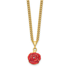 Luxury Giftware by Jere Pewter Bejeweled Crystals Gold-tone Enameled ROSA Red Rose With Ring Pad Trinket Box with Matching 18 Inch Necklace
