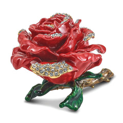 Luxury Giftware by Jere Pewter Bejeweled Crystals Gold-tone Enameled ROSA Red Rose With Ring Pad Trinket Box with Matching 18 Inch Necklace