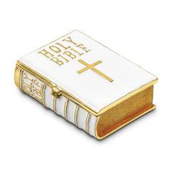 Luxury Giftware Pewter Bejeweled Crystals Gold-tone Enameled PRAYER White Bible Trinket Box with Matching 18 Inch Necklace