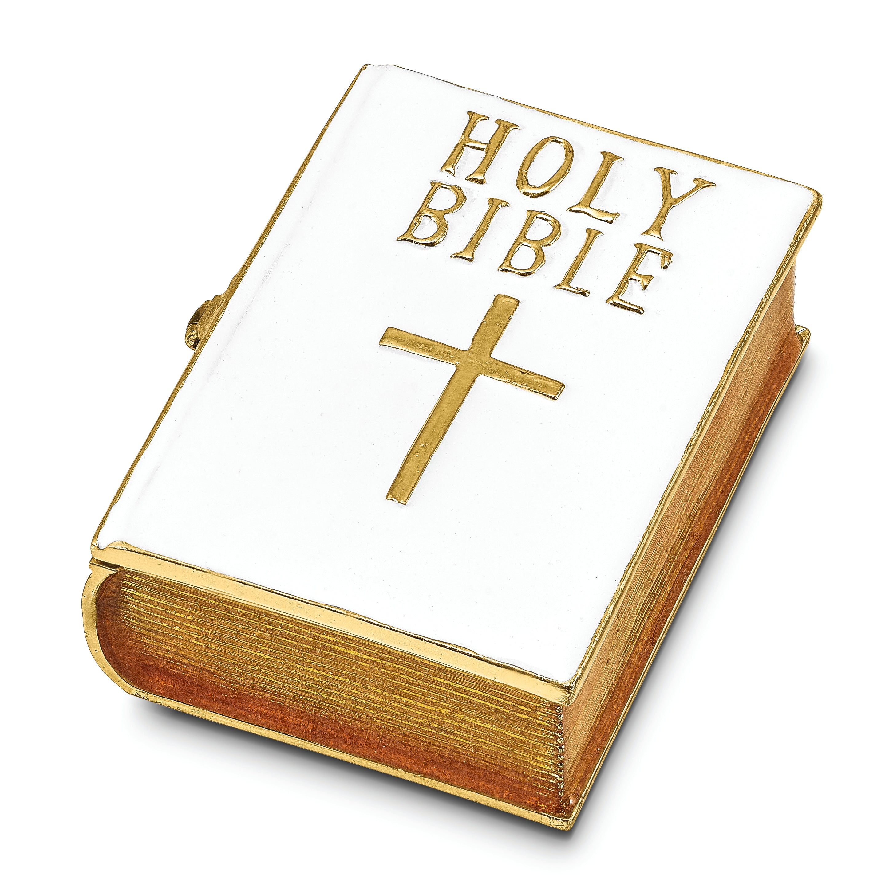 Luxury Giftware Pewter Bejeweled Crystals Gold-tone Enameled PRAYER White Bible Trinket Box with Matching 18 Inch Necklace