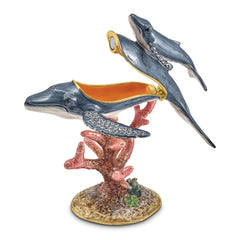 Luxury Giftware by Jere Pewter Bejeweled Crystals Gold-tone Enameled WYNN and WALLIS Blue Whale and Baby Trinket Box with Matching 18 Inch Necklace