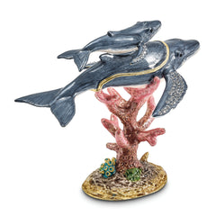 Luxury Giftware by Jere Pewter Bejeweled Crystals Gold-tone Enameled WYNN and WALLIS Blue Whale and Baby Trinket Box with Matching 18 Inch Necklace