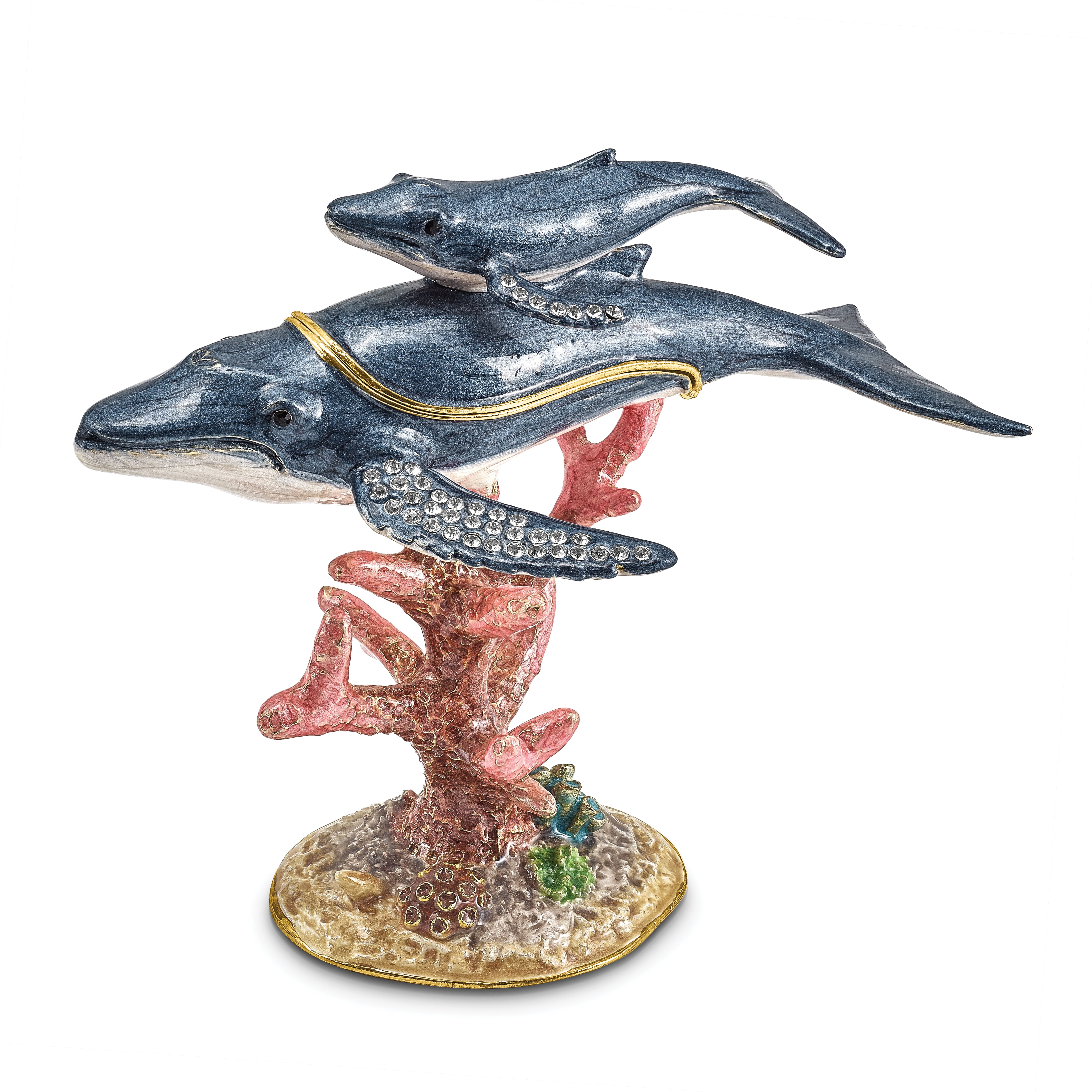 Luxury Giftware by Jere Pewter Bejeweled Crystals Gold-tone Enameled WYNN and WALLIS Blue Whale and Baby Trinket Box with Matching 18 Inch Necklace