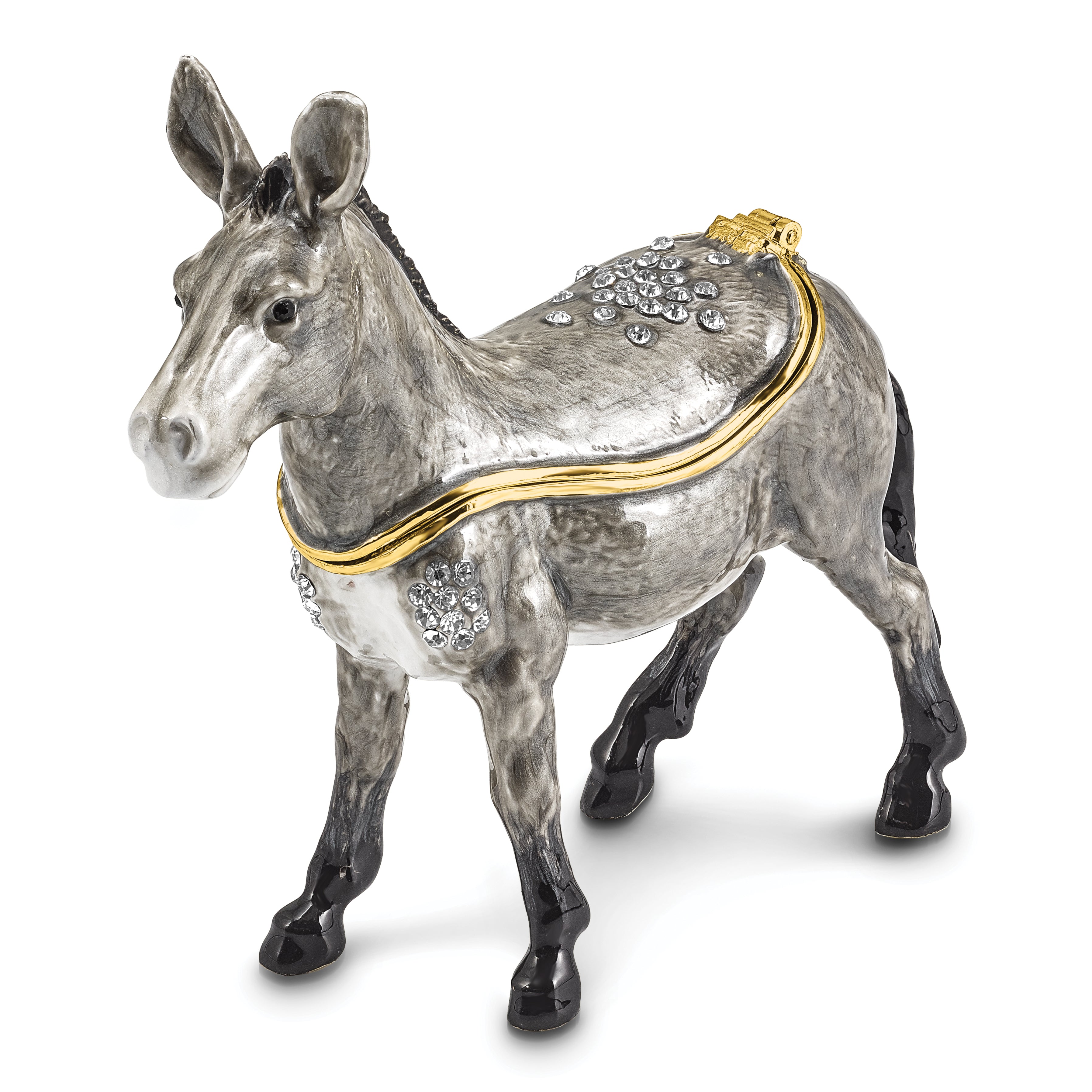 Luxury Giftware Pewter Bejeweled Crystals Gold-tone Enameled FEISTY Gray Donkey Trinket Box with Matching 18 Inch Necklace