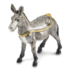 Luxury Giftware Pewter Bejeweled Crystals Gold-tone Enameled FEISTY Gray Donkey Trinket Box with Matching 18 Inch Necklace