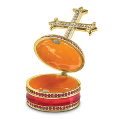 Luxury Giftware Pewter Bejeweled Crystals Gold-tone Enameled REVERENCE Cross on Round Trinket Box with Matching 18 Inch Necklace