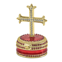 Luxury Giftware Pewter Bejeweled Crystals Gold-tone Enameled REVERENCE Cross on Round Trinket Box with Matching 18 Inch Necklace