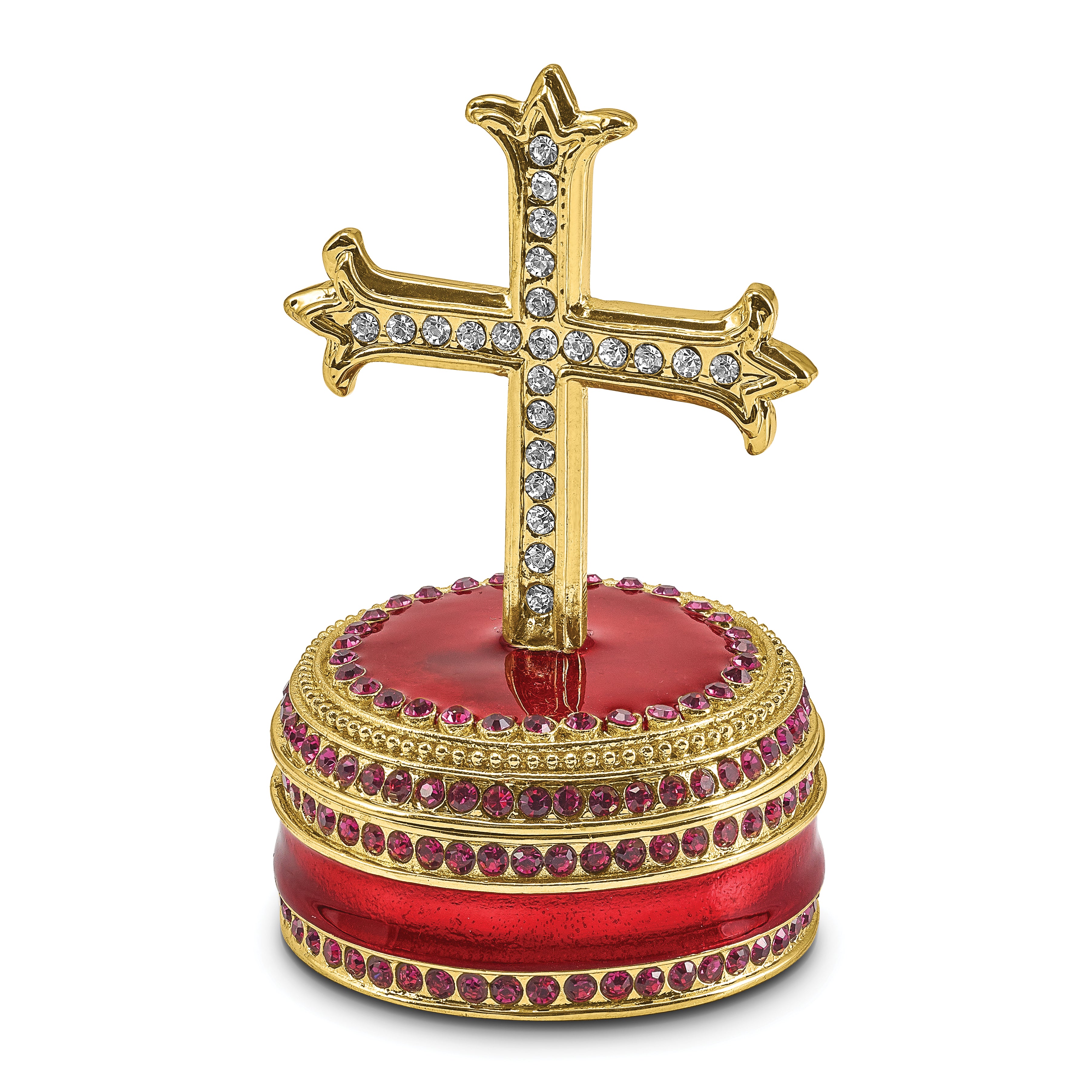 Luxury Giftware Pewter Bejeweled Crystals Gold-tone Enameled REVERENCE Cross on Round Trinket Box with Matching 18 Inch Necklace