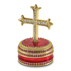 Luxury Giftware Pewter Bejeweled Crystals Gold-tone Enameled REVERENCE Cross on Round Trinket Box with Matching 18 Inch Necklace