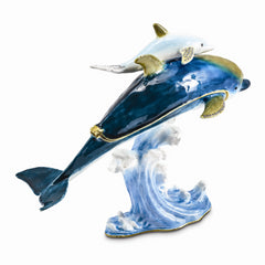 Luxury Giftware Pewter Bejeweled Crystals Gold-tone Enameled DONOVAN and DONNY Dolphins Trinket Box with Matching 18 Inch Necklace