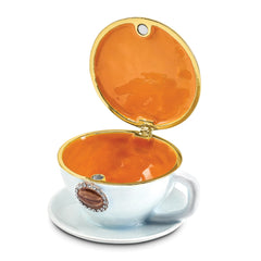 Luxury Giftware Pewter Bejeweled Crystals Gold-tone Enameled CAF Coffee Cup Trinket Box with Matching 18 Inch Necklace