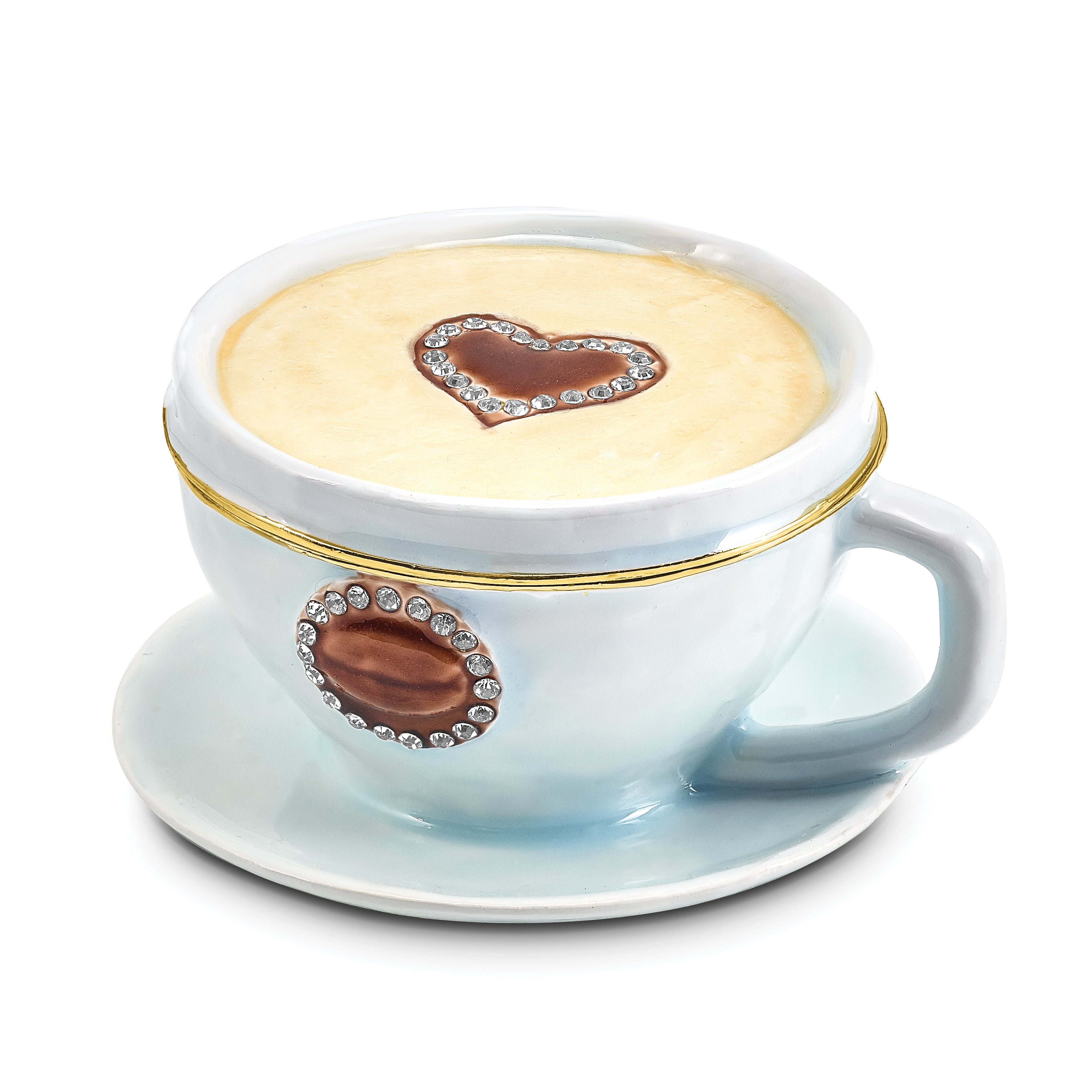 Luxury Giftware Pewter Bejeweled Crystals Gold-tone Enameled CAF Coffee Cup Trinket Box with Matching 18 Inch Necklace