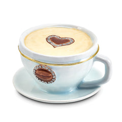 Luxury Giftware Pewter Bejeweled Crystals Gold-tone Enameled CAF Coffee Cup Trinket Box with Matching 18 Inch Necklace