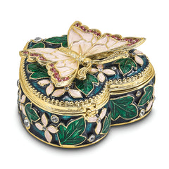 Luxury Giftware by Jere Pewter Bejeweled Crystals Gold-tone Enameled BLUSH Pink Butterfly on Heart Trinket Box with Matching 18 Inch Necklace