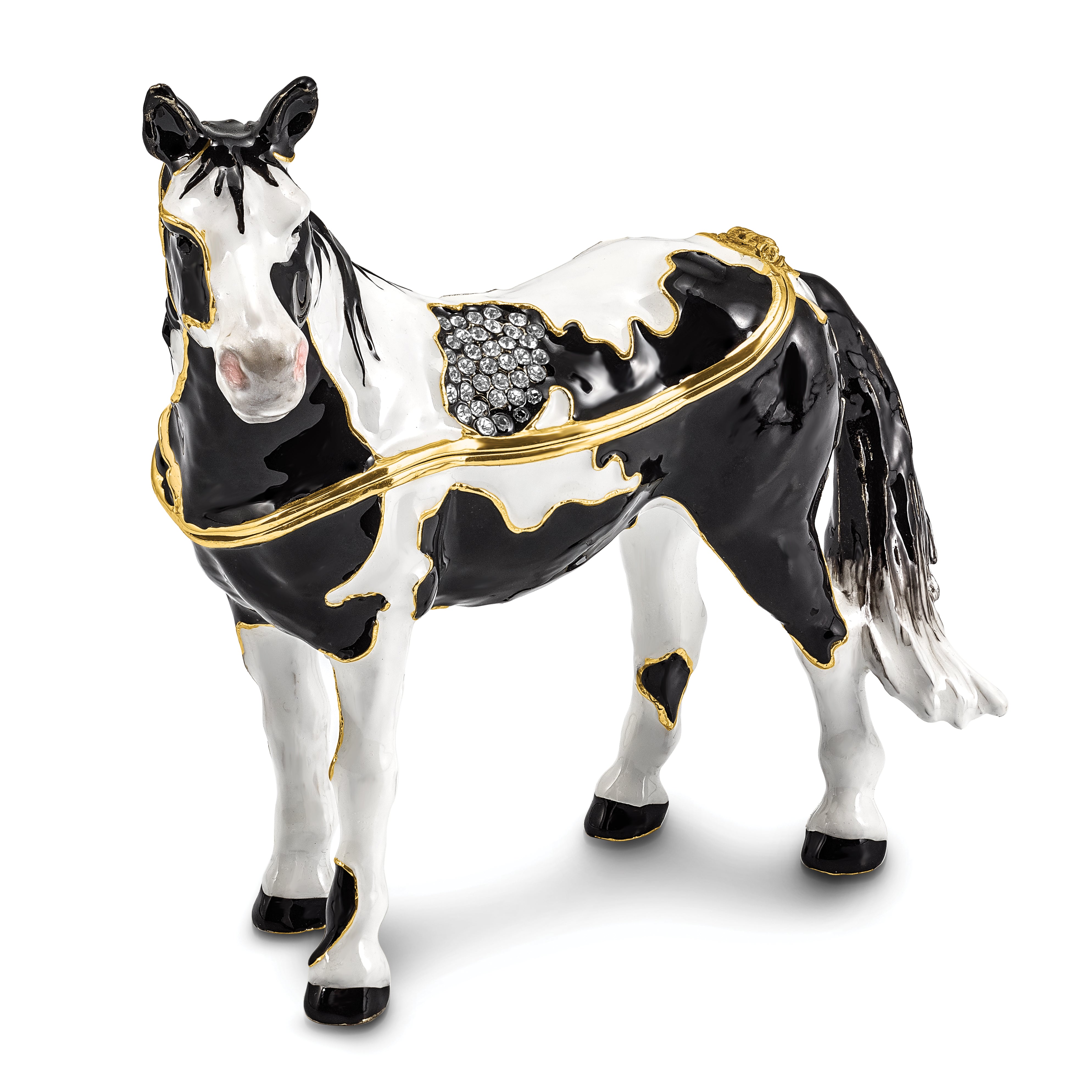 Luxury Giftware by Jere Pewter Bejeweled Crystals Gold-tone Enameled ALPHA Paint Horse Trinket Box with Matching 18 Inch Necklace