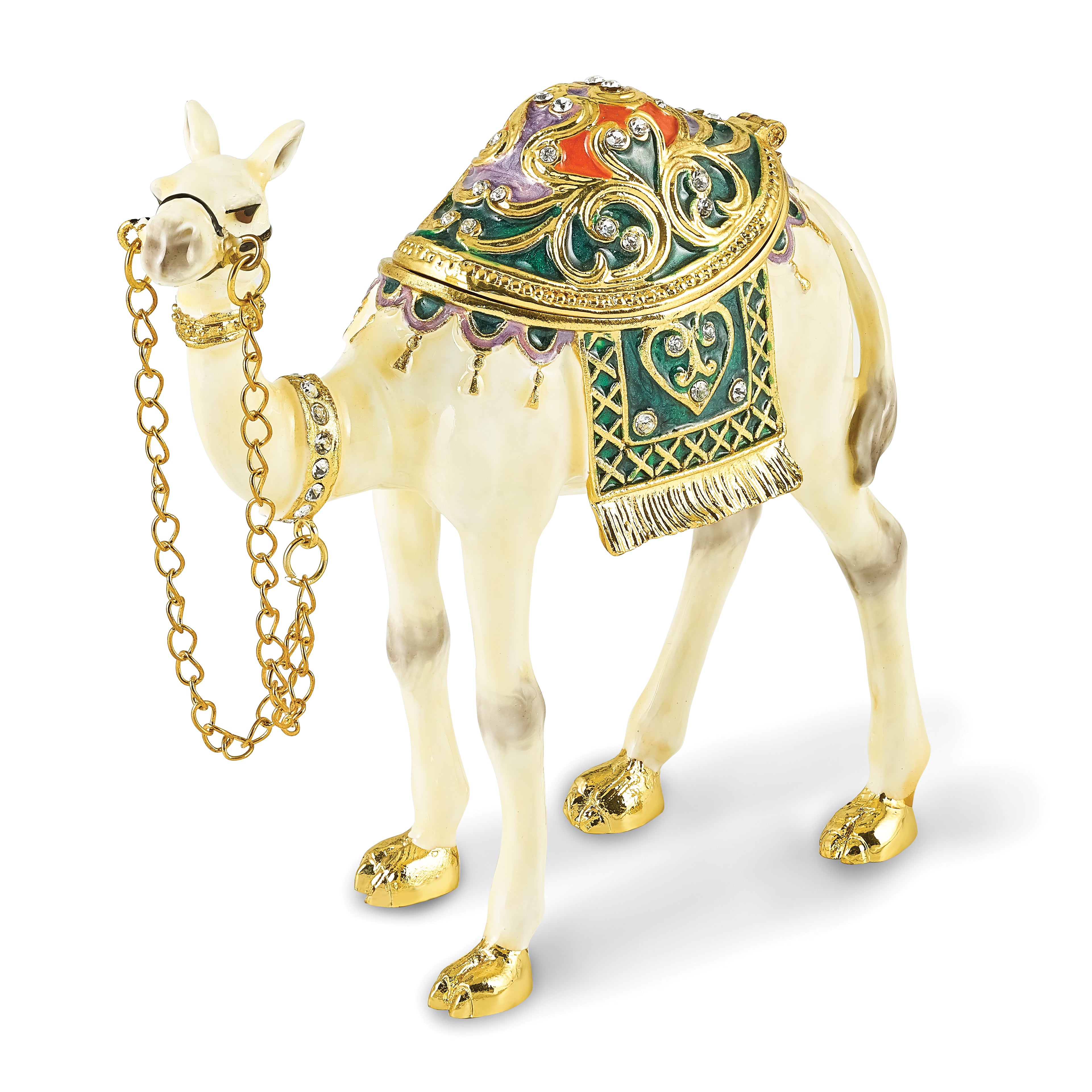 Luxury Giftware by Jere Pewter Bejeweled Crystals Gold-tone Enameled FAISAL White Camel Trinket Box with Matching 18 Inch Necklace
