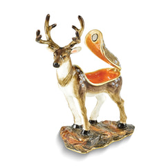 Luxury Giftware Pewter Bejeweled Crystals Gold-tone Enameled BUCK Deer Trinket Box with Matching 18 Inch Necklace