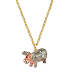 Luxury Giftware by Jere Pewter Bejeweled Crystals Silver-tone Enameled HENRY Hippo Trinket Box with Matching 18 Inch Necklace