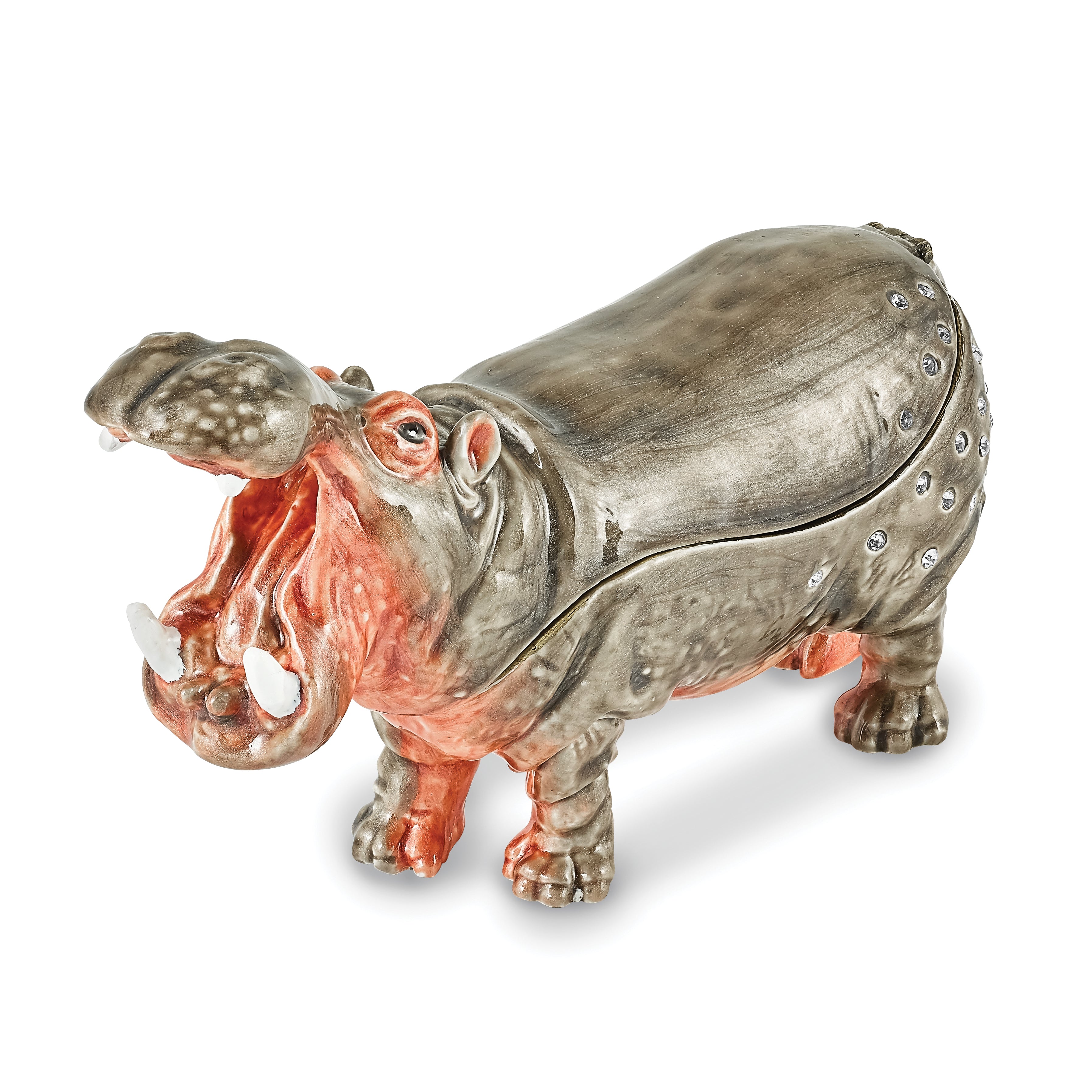 Luxury Giftware by Jere Pewter Bejeweled Crystals Silver-tone Enameled HENRY Hippo Trinket Box with Matching 18 Inch Necklace