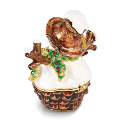 Luxury Giftware by Jere Bejeweled Crystals Gold-tone Enameled GARLAND Snowman with Bird & Scarf Trinket Box with Matching 18 Inch Necklace