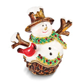 Luxury Giftware by Jere Bejeweled Crystals Gold-tone Enameled GARLAND Snowman with Bird & Scarf Trinket Box with Matching 18 Inch Necklace