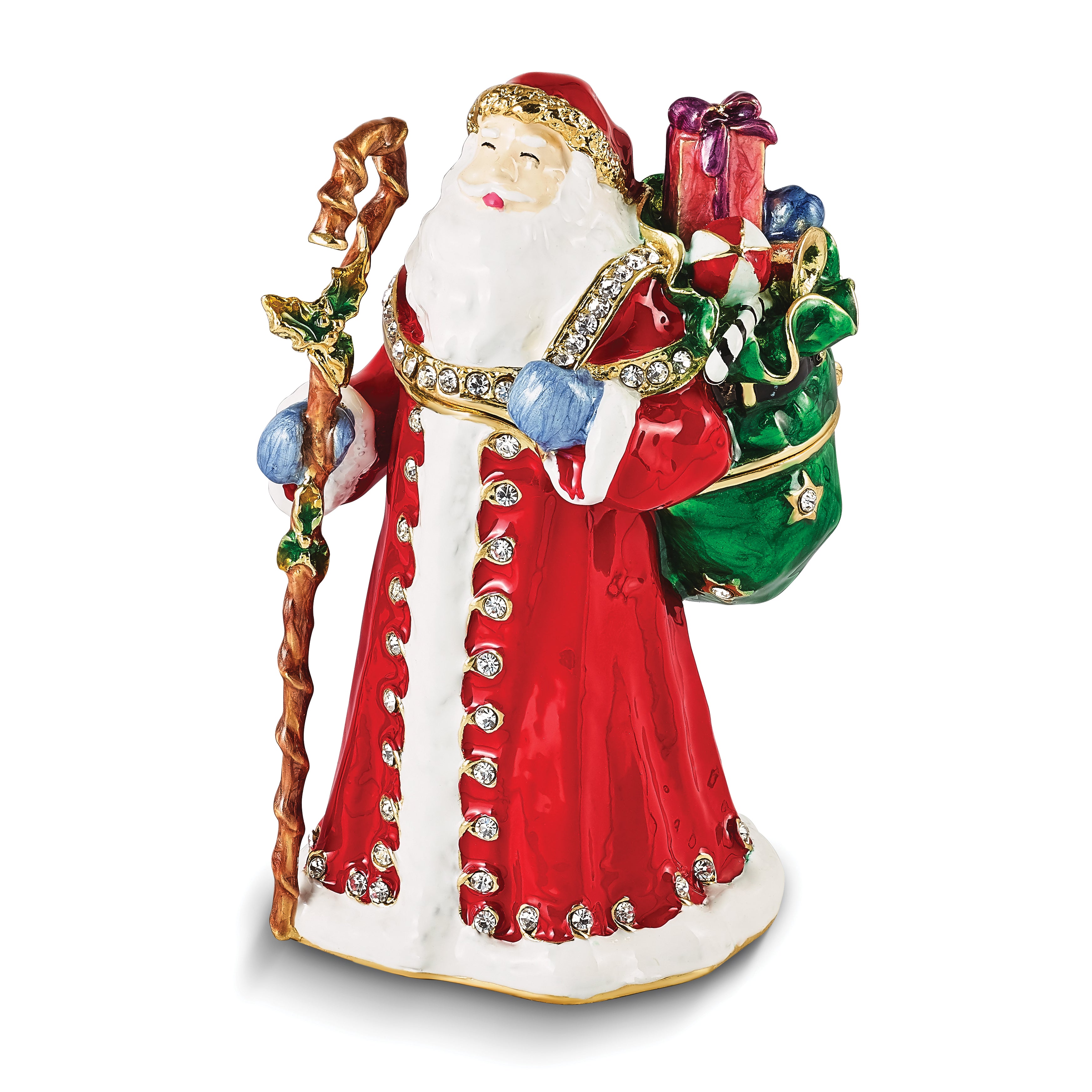 Luxury Giftware by Jere Bejeweled Crystals Gold-tone Enameled NOBLE Santa with Gifts & Staff Trinket Box with Matching 18 Inch Necklace