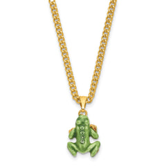 Luxury Giftware Pewter Bejeweled Crystals Gold-tone Enameled JENSEN Handstand Frog on Lily Pad Trinket Box with Matching 18 Inch Necklace