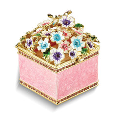 Luxury Giftware by Jere Pewter Bejeweled Crystals Gold-tone Enameled HELLO SPRING Flowers and Butterfly Ring Holder Trinket Box with Matching 18 Inch Necklace