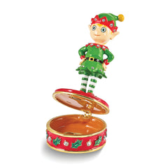 Luxury Giftware by Jere Bejeweled Crystals Gold-tone Enameled JANGLE Elf Trinket Box with Matching 18 Inch Necklace