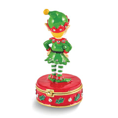 Luxury Giftware by Jere Bejeweled Crystals Gold-tone Enameled JANGLE Elf Trinket Box with Matching 18 Inch Necklace