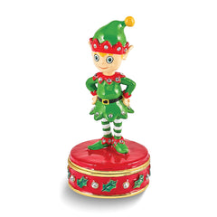 Luxury Giftware by Jere Bejeweled Crystals Gold-tone Enameled JANGLE Elf Trinket Box with Matching 18 Inch Necklace