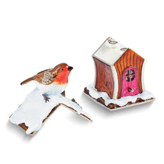Luxury Giftware by Jere Bejeweled Crystals Silver-tone Enameled BERTIE Robin on Bird House Trinket Box with Matching 18 Inch Necklace